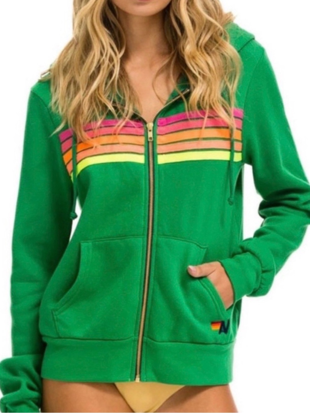 Aviator Nation | Kelly Green 5 Neon Stripped Hoodie | Size XS